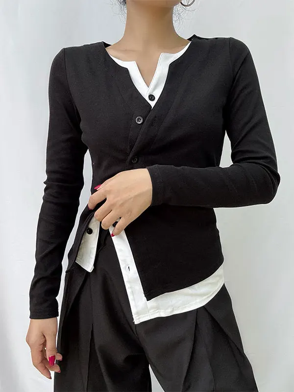 Fashionable Black T-Shirt Women's Design Spring Autumn Inner And Outer Wear Asymmetrical Unique Top Button Detail Casual Style
