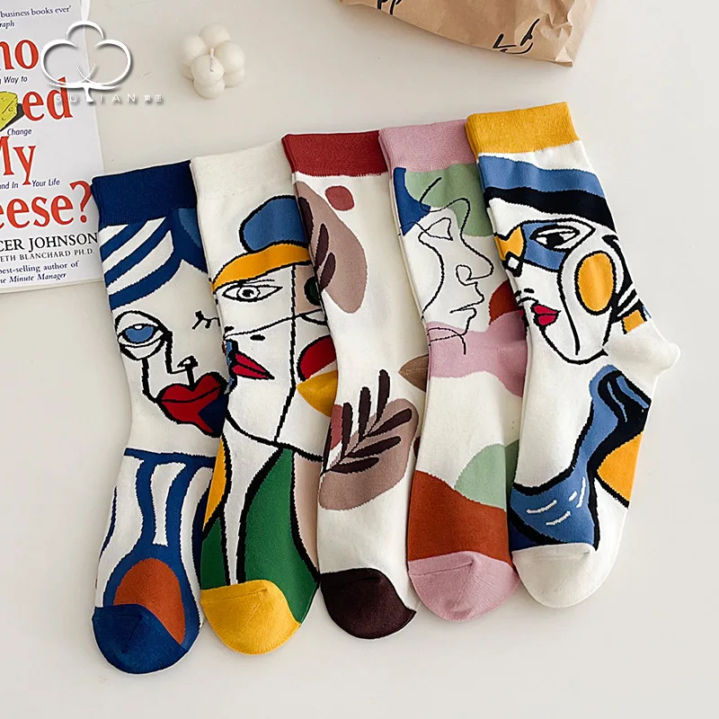 5 Pairs Funny Socks Women Cute Middle Tube Cotton Socks Aesthetic Fun Socks Kawaii Cartoon Spring Summer Crew Socks