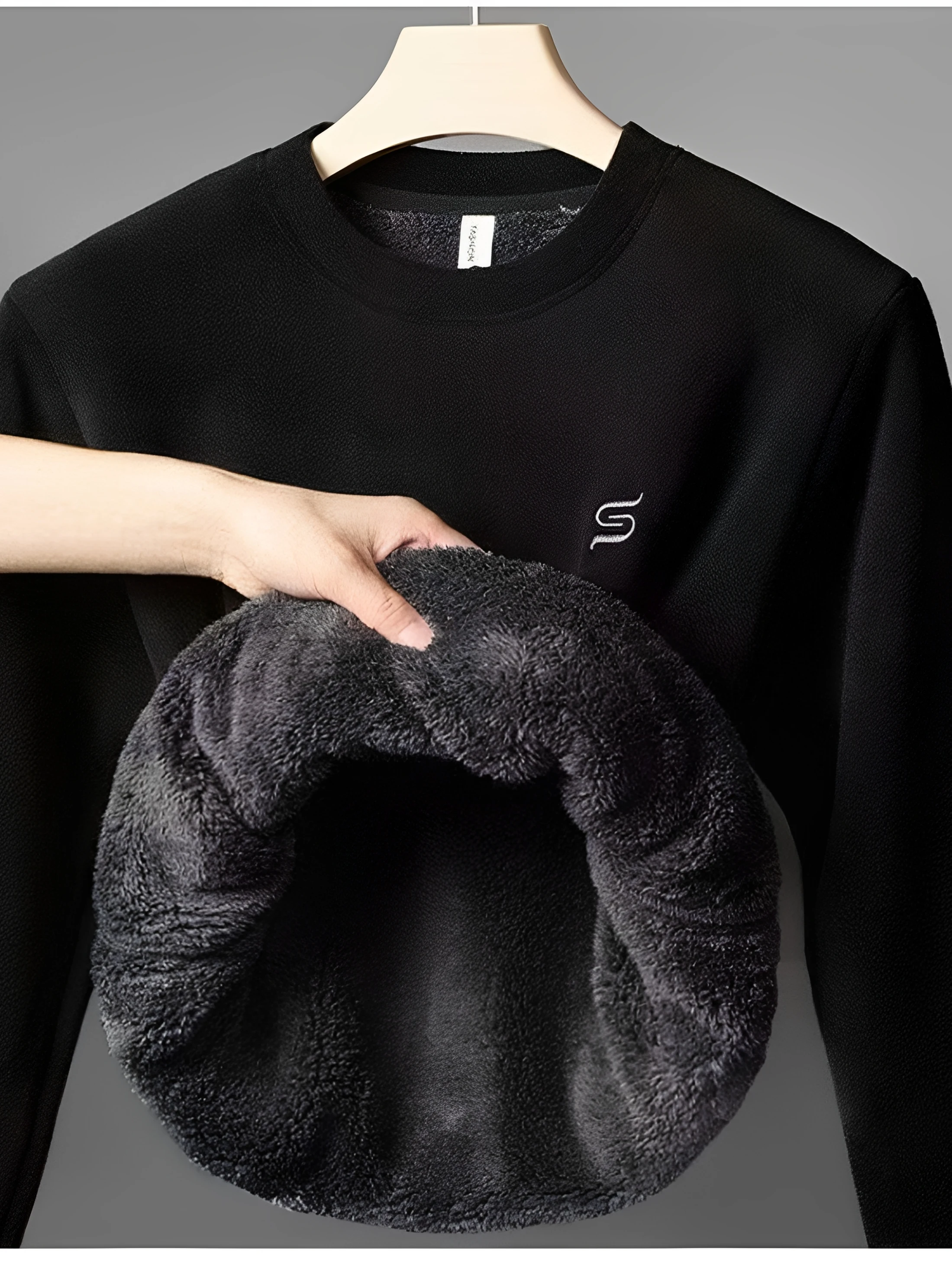 Men's round Neck Fleece Lined Thickened Warmth Sweatshirt Embroidered Casual Inner Wear Autumn Winter New Style Polyester Fabric