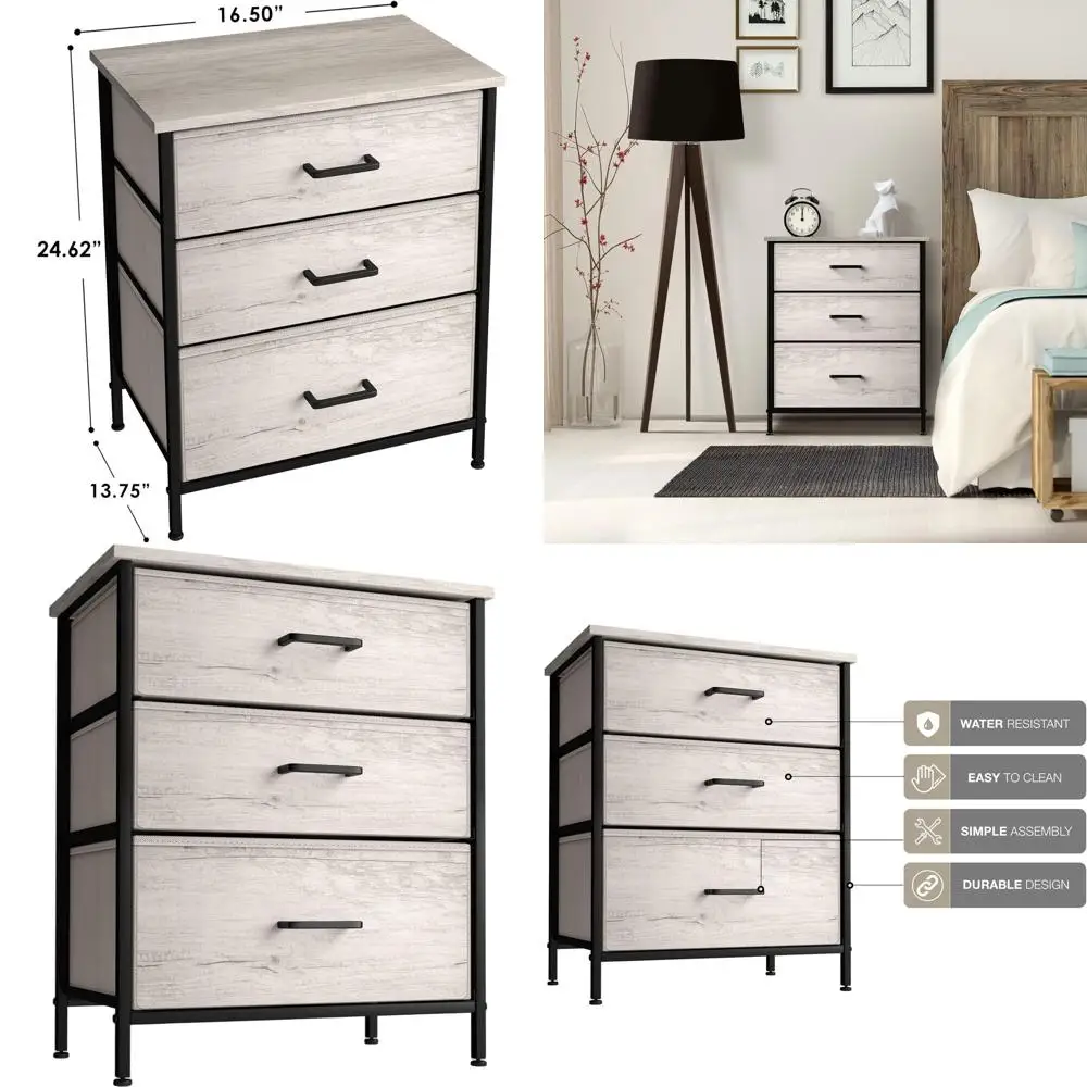 

3-Drawer Faux Wood Nightstand with Storage, Steel Frame, Wood Top for Bedroom, Living Room, and Dorm