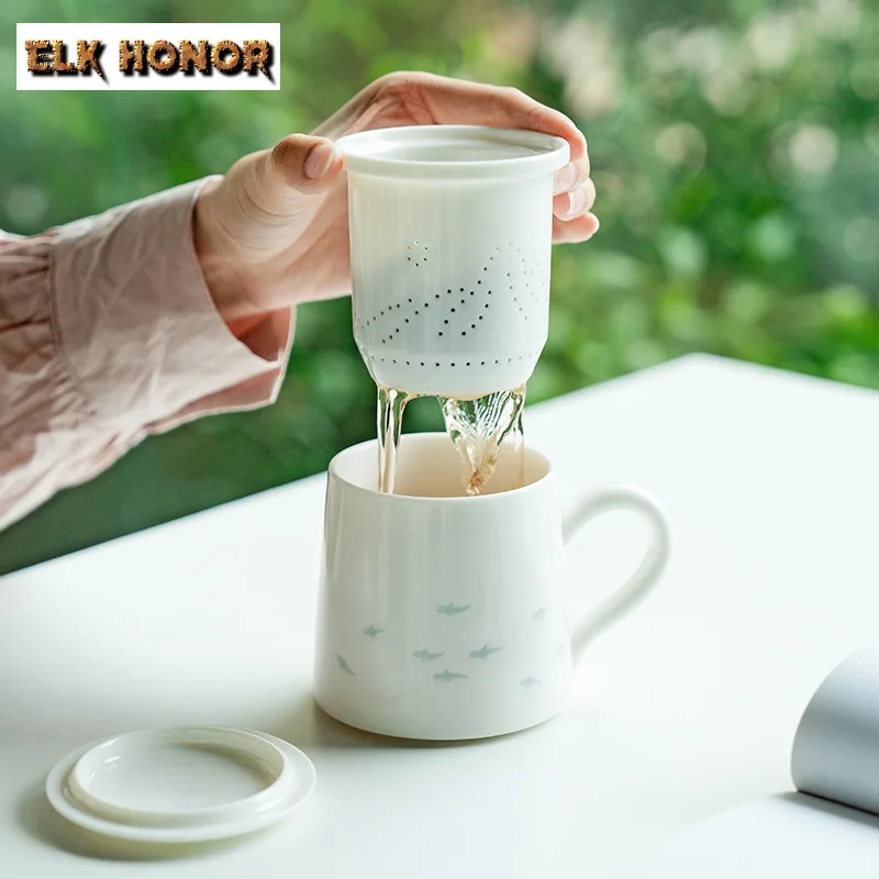350ML Sheep Fat Jade Linglong Porcelain Fish Filter Tea Separator Cup Boutique Tea Mug with Infuser Tea Making Office Water Cup