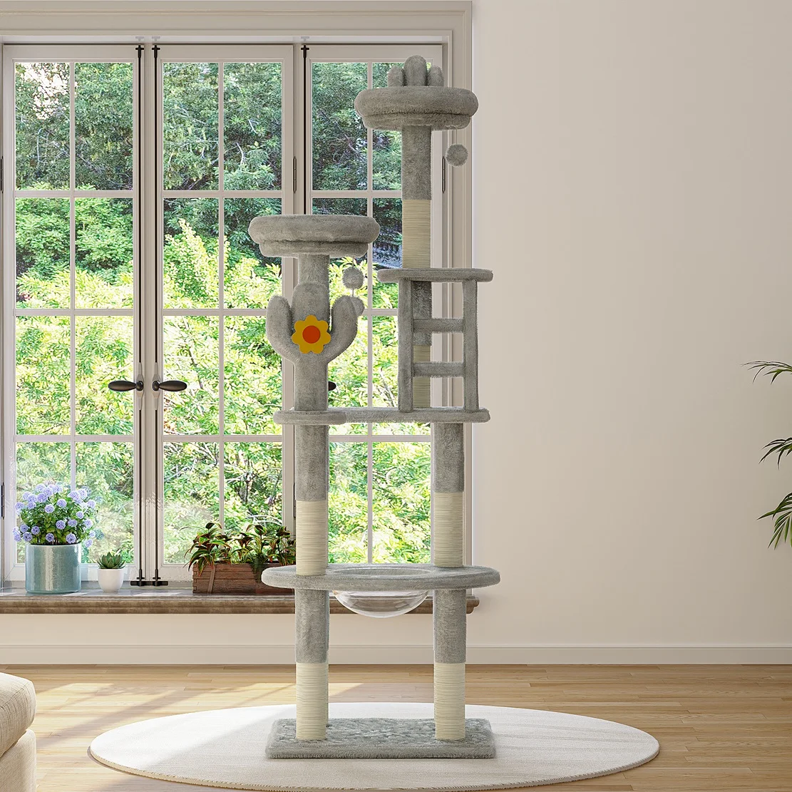 72.05-Inch multi-layer cat tower with scratching board, capsule, and perch, suitable for indoor cats