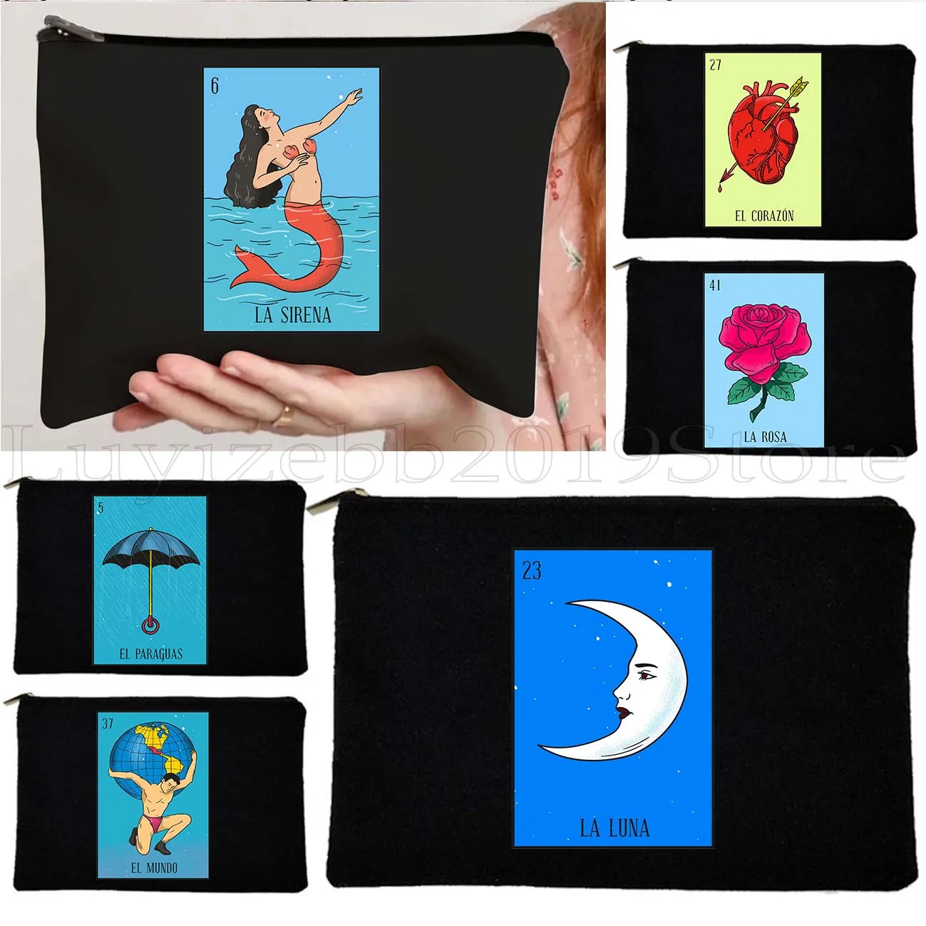 El Catrin Muertos Tarot Nopal ESTRELLA SIRENA Luna ROSA LOTTERY MEXICAN Bingo tarjeta lona bolsa de maquillaje cosmético estuche para lápices