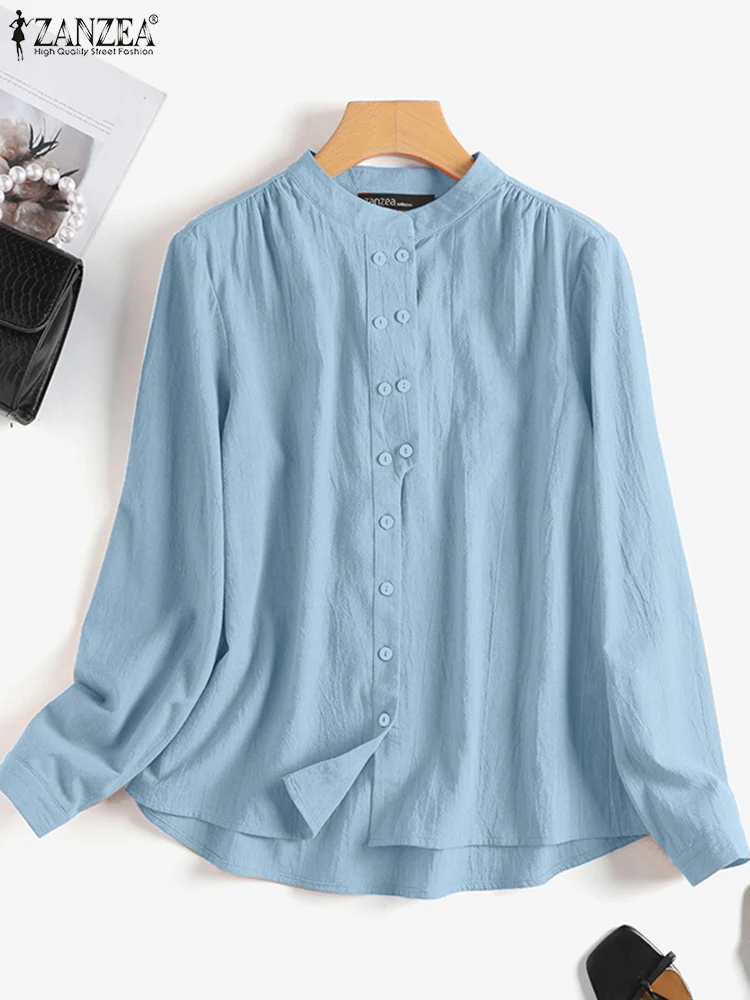 

ZANZEA 2025 Summer Fashion Tops Women Long Sleeve Shirt Stand Collar Casual Solid Color Blouse Button Up Elegant Office Blusas