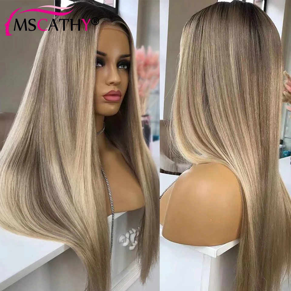 

13x6 Ash Blonde Highlight Colored Lace Front Wigs For Women Brazilian Human Hair Straight Ombre Wig HD Lace Frontal Wig Prepluck