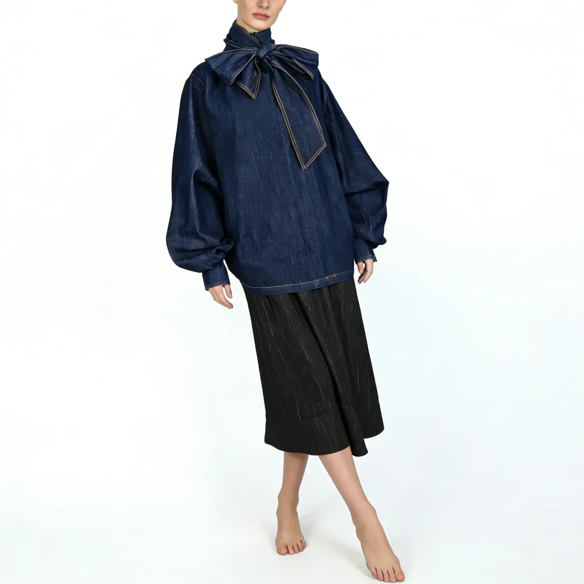 VTKW 2026 신상 여성 데님 보타이 넥 블라우스 루즈 퍼프 소매 캐주얼 탑 패션 스트리트웨어 여성 우아한 상의