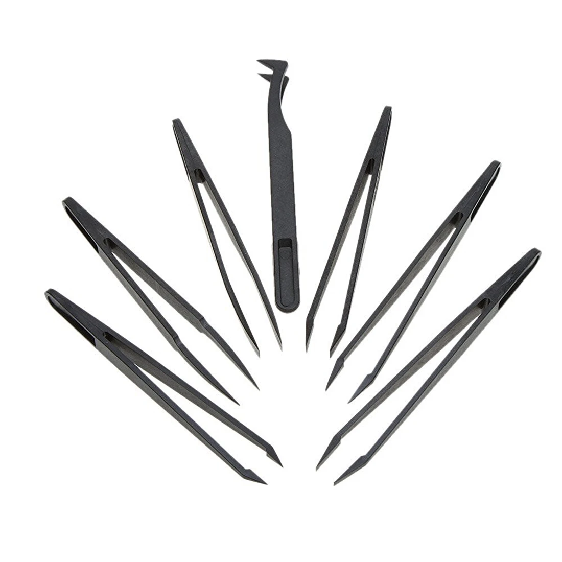 7 Stück schwarzer Kunststoff anti statische Flach boden Pinzette Handwerkzeug Set
