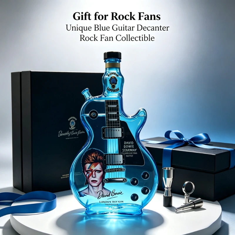 David Bowie Guitar Shaped Liquor Decanter Blue Glass Whiskey Bottle Collectible Decor Gift For Rock Music Enthusiast