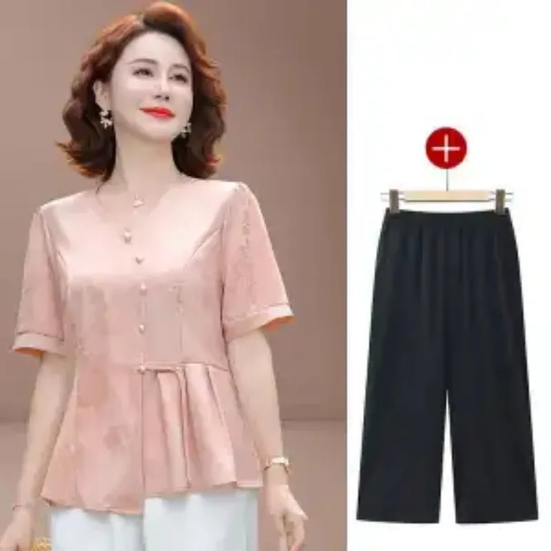 

Женская элегантная блузка с короткими рукавами и широкие брюки, комплект из 2 предметов с цветочным узором