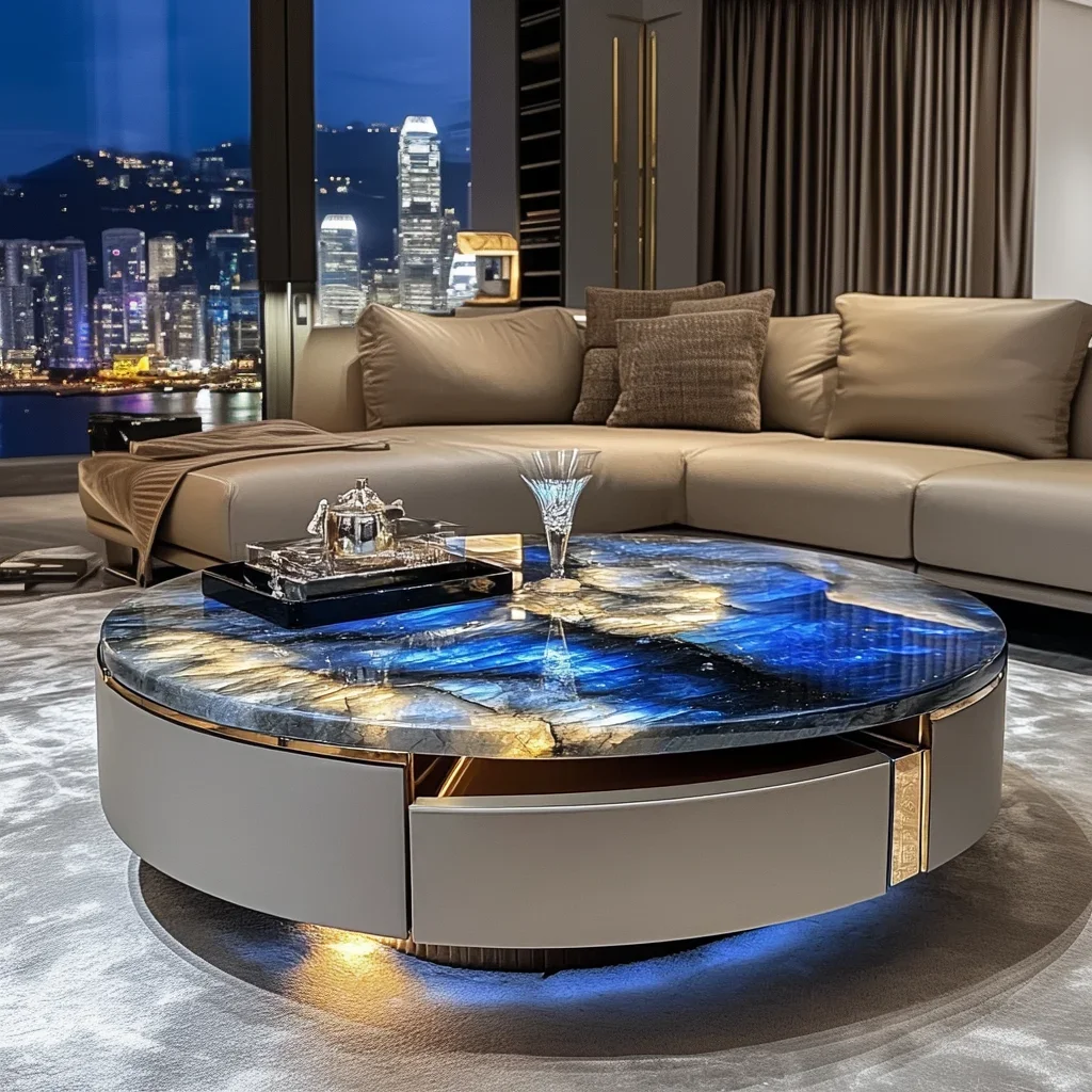 

Round luminous blue jadeite luxury stone coffee table elegant luxury stone natural marble premium villa
