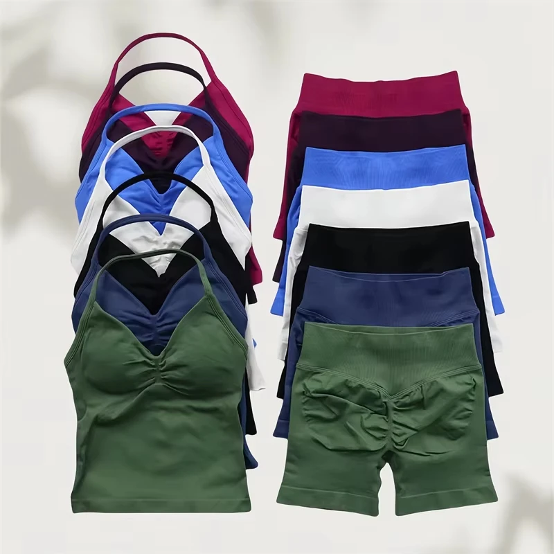 

2Pcs Set Yoga Strappy Vest&Shorts Women Resistance Training Seamless Padded Halter Tank Top Scrunch Butt Lifting Gym Shorts Set