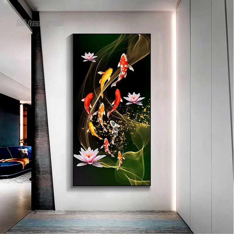 Modern Luxury Art Canvas Painting Lucky Koi Wall Art Posters Fish Lotus Water Landscape Wall Art Picture Living Room Aisle Decor