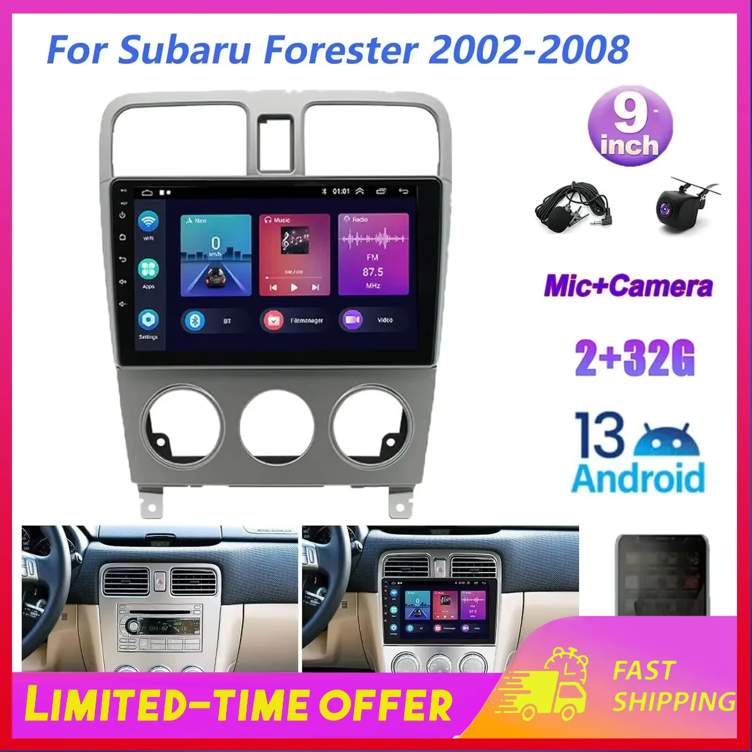 

Для Subaru Forester 2002-2008: Автомобильная навигационная система Android 15 с 9-дюймовым экраном, поддержкой CarPlay и Android Auto, 2+32 ГБ, мультимедиа