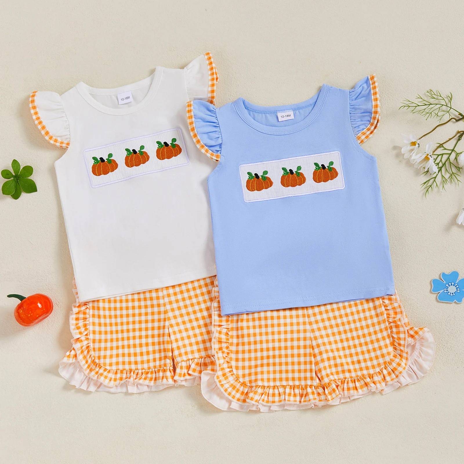 

Lioraitiin Toddler Girl 2Pcs Summer Outfits Pumpkin Embroidery Flying Sleeve Round Neck Tops and Ruffled Plaid Shorts Set