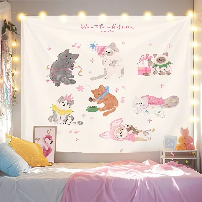 VIKAMA Watercolor Party Cat Collection Tapestry, Kitten Healing Wall Hanging for Bedroom Living Room Dorm Decor
