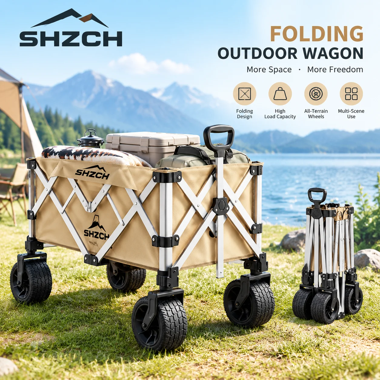 Outdoor Camping Folding Wagon Utility Cart Oxford Cloth Storage Cart Portable All-Terrain Pull Cart  Picnic Beach Market Stall