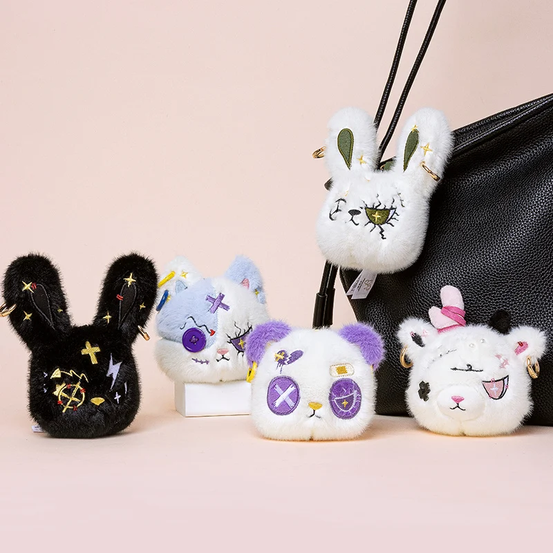 Halloween Dark Style Plush Keychain Bunny Deer Panda Cat Stuffed Doll Pendant Cool Bag Backpack Charm Trendy Accessory Gift