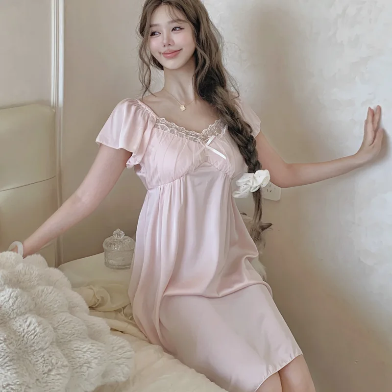 Summer Women's Long Ice Silk Sleepwear Thin Strap Short Sleeve Sweet Home Clothes Dress with Chest Pad Ultra Thin Summer Pyjama