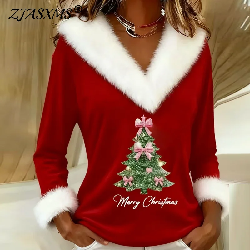 クリスマスツリーサンタクロースプリント女性ブラウスエレガントなファー V ネックファッショナブルなトップスプルオーバー秋長袖パーティーシャツ Mujer