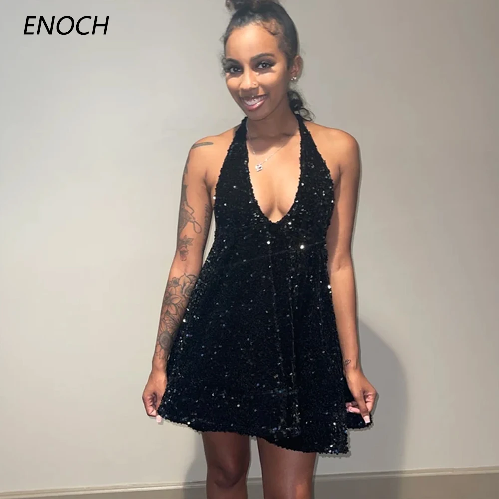 

ENOCH Sexy Deep V-Neck Party Dresses Simple Sleeveless Backless Sequined Homecoming Gowns Above Knee Vestidos De Graduación New