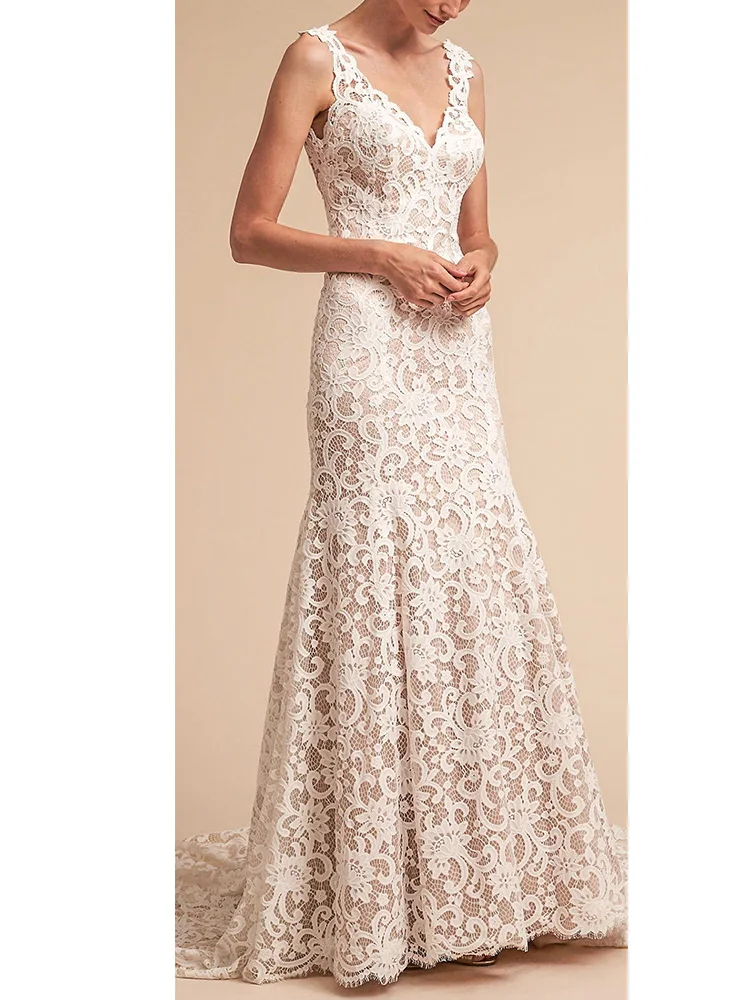 High Quality Church Wedding Dresses Lace Mermaid/Trumpet Wedding Party Dresses Champagne V-neck Lace Ruched Button Wedding Dress