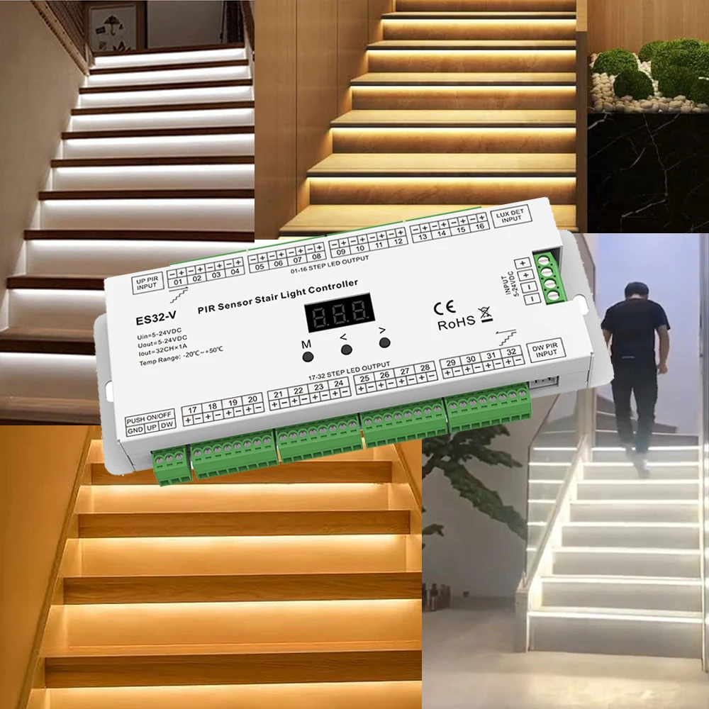 SKYDANCE PIR Sensor Stair Light Controller KIT ES32-V 6 Run Modes 32CH Output Infrared Control 24V Single Color COB LED Strip