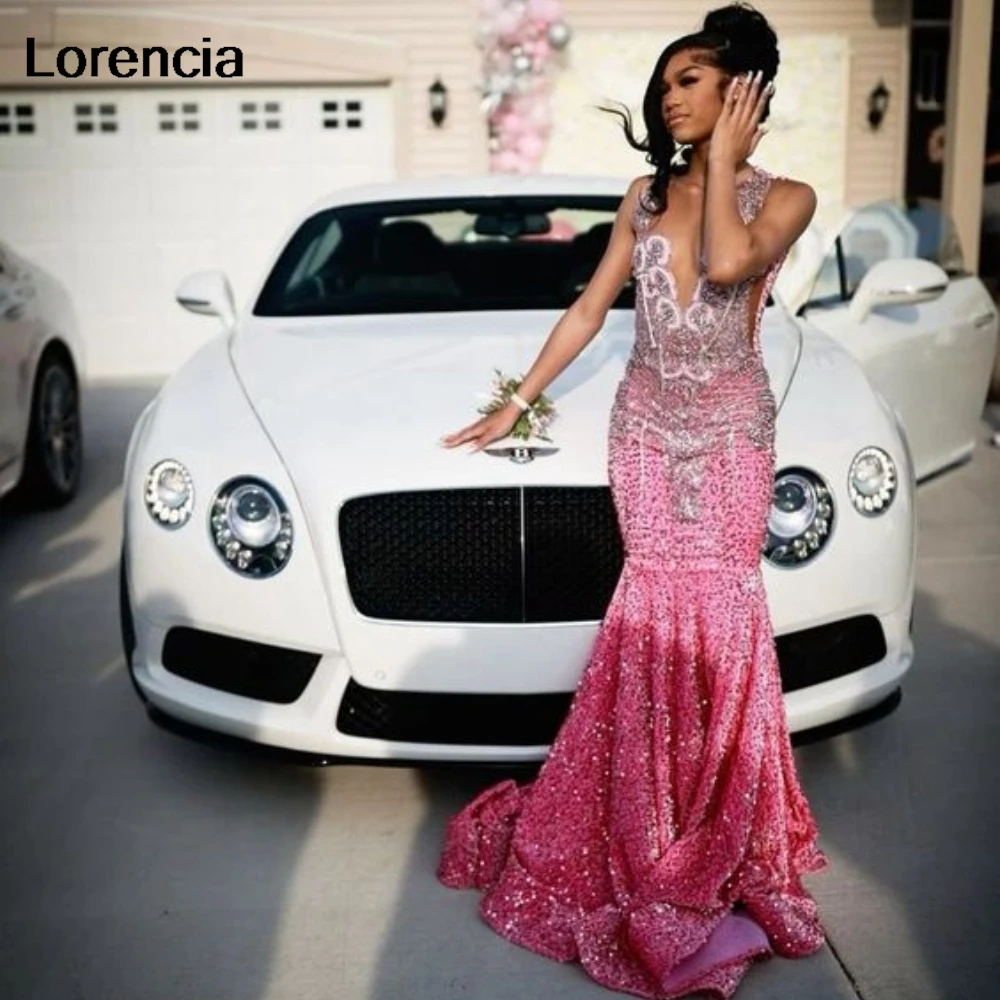 

Lorencia Glitter Pink Mermaid Prom Dress For Black Girls V Neck Crystal Sequins Beaded Birthday Patry Gown Robe de soirée YPD149