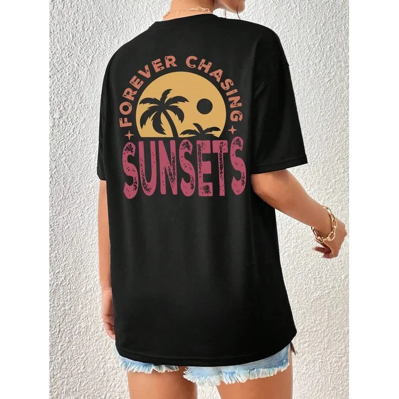 Forever Chasing Sunsets Pattern T-Shirt Cotton Soft Short Sleeve Daily Breathable Clothes Versatile Comfortable Women T Shirts