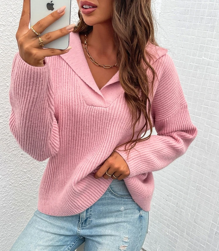 

Autumn Women's Clothes Suit Collar Thick Pullover Sweater Knit Sweater Temperament Commuting Casual Sweater