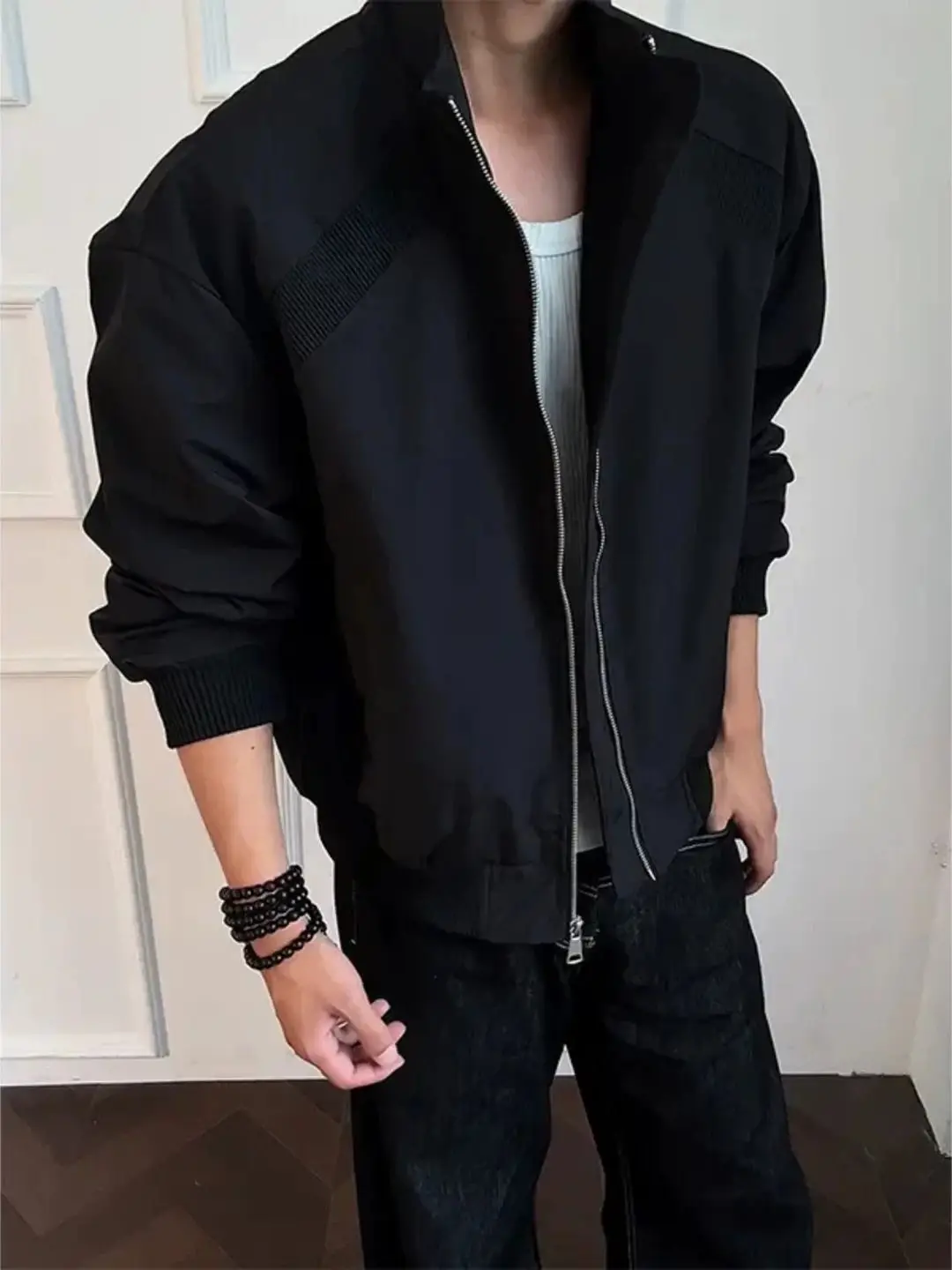 Black Deconstructed Slant Cut Stand Collar Workwear Jacket Men's Short Baseball Style American Coat Casual Loose Fit Autumn
