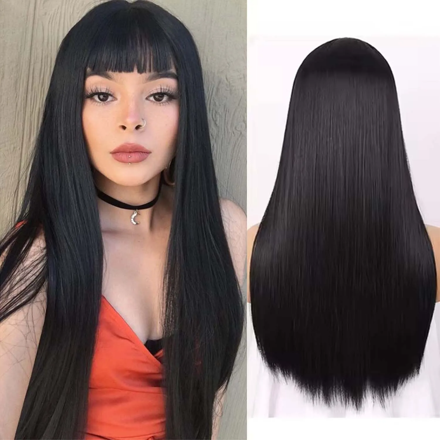 

24-дюймовые парики из синтетических волос с челкой, длинные прямые натуральные мягкие волосы, термостойкие, без кружева для женщин, для повседневной вечеринки на Хэллоуин