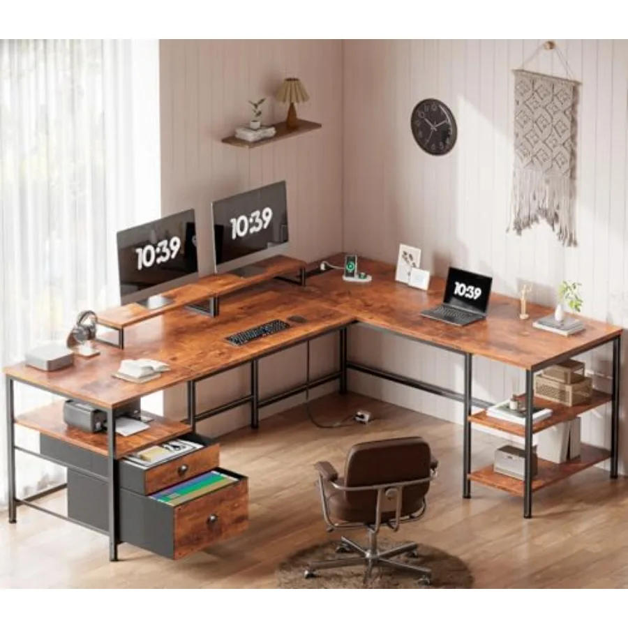 66'' L Shaped Desk with Power Outlet and 2 Drawers for home office, engineered wood, white, spacious workspace and built-in cab