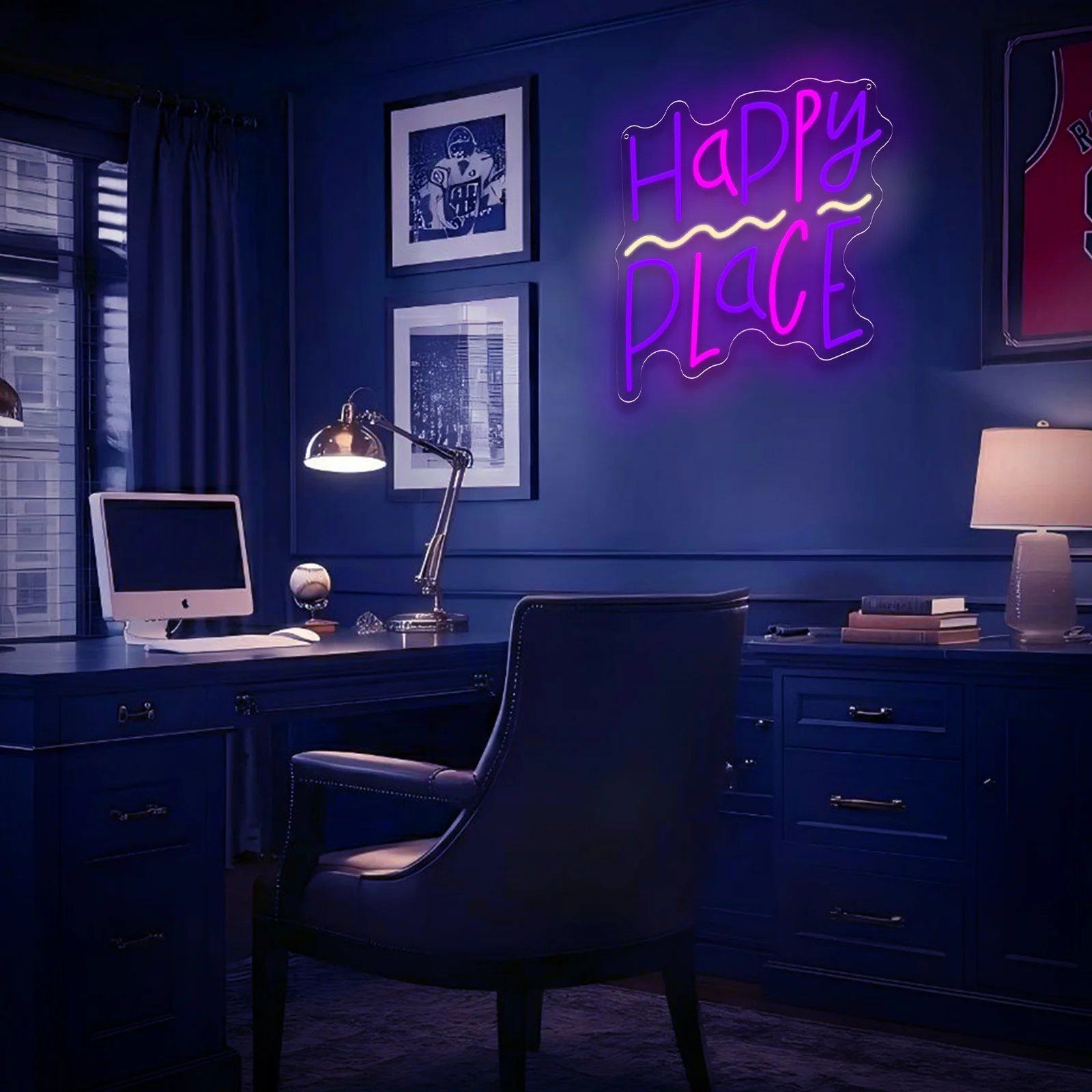 Happy Place LED Neon Sign USB Dimmable untuk Dekorasi Dinding Rumah Kamar Tidur Gadis Restoran Tempat Wisata Pertunangan Pernikahan Hotel Hadiah