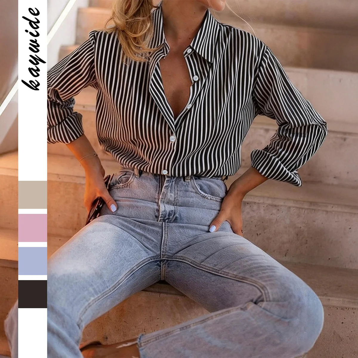 

KIDCRKJ Striped Women Spring Shirt Color Blocked Lapel Collar Single Breasted Lady Blouse Fahsion Commute Office Female Shirt