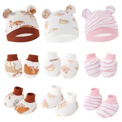 3Pcs Cotton Newborn Baby Gloves Hat Socks Cute Soft Fetal Caps for Boys Girls Warm Bonnet Beanies Cap Infant Nightcap Items 2024