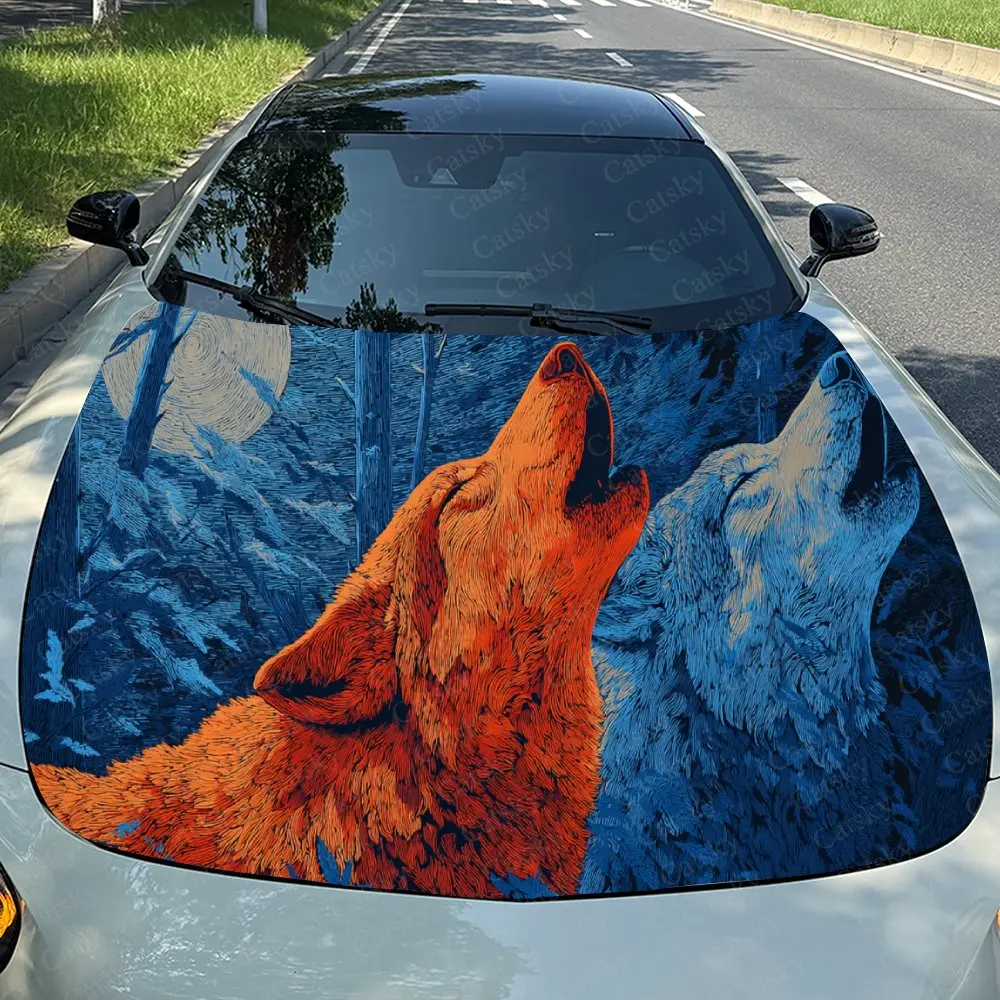 

Car Decal Howling Wolf Duo with Contrasting Color Gradient in Nature-Inspired Design, Creating a Bold and Artistic Visual Car Ho