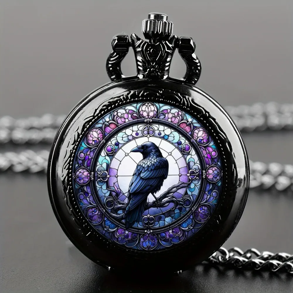 Retro Black Crow Small Size Quartz Pocket Watch -Necklace Pendant With World Time Feature, Alloy Case, Ideal Gift For Men &Women