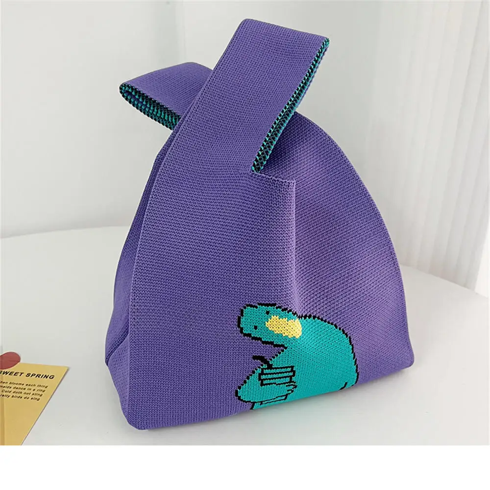 Ins Cute Cartoon Handmade Knit Handbag Colorful Women Mini Knot Wrist Bag Japanese Style Casual Tote Bag Reusable Shopping Bag