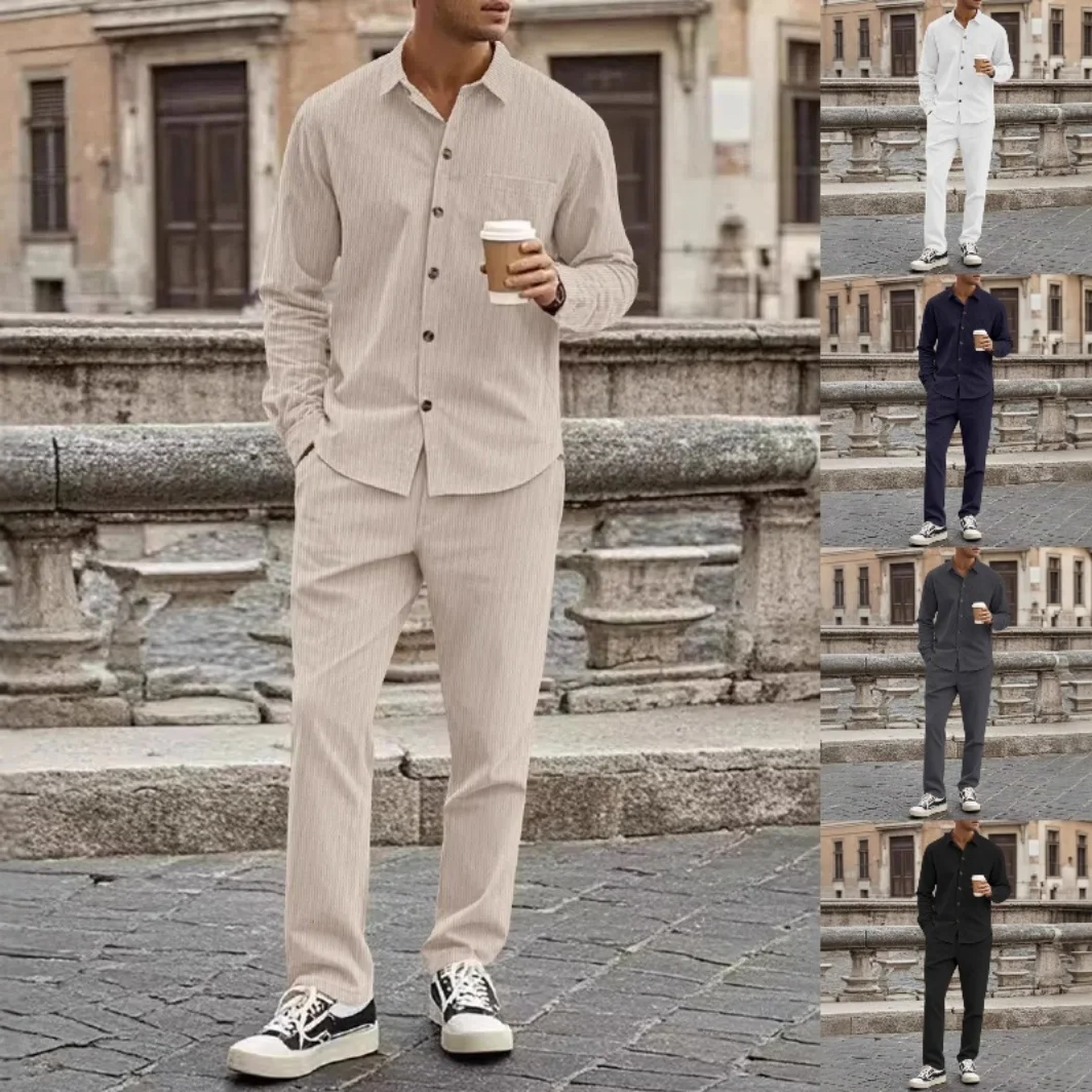 

New Corduroy Men's Autumn Casual Button-Down Shirt Cardigan Long-Sleeved Long Pants Set Fashionable Lapel Two-Piece Set