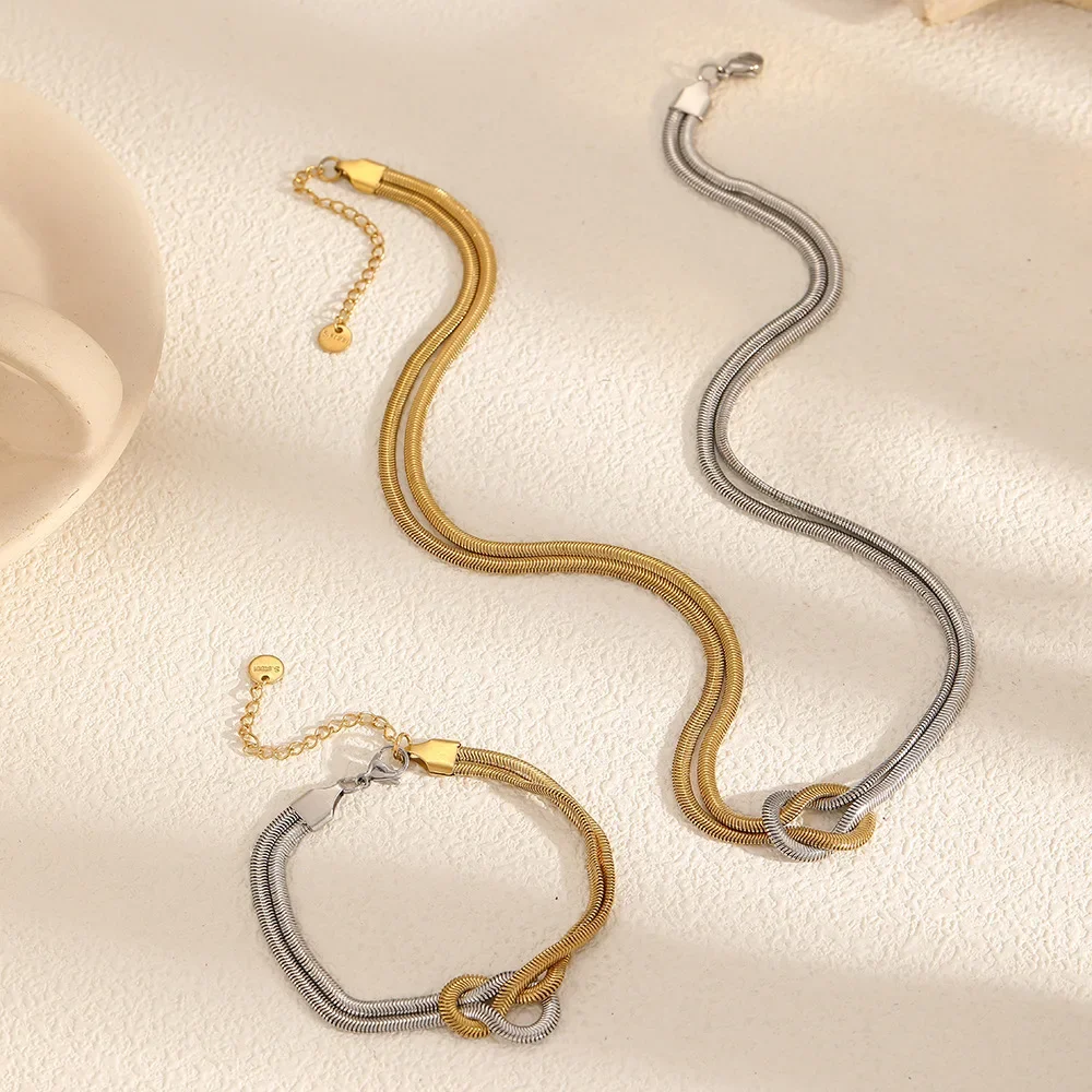 

316L Stainless Steel Creative Knotting Waterproof Neck Chain Necklace Bracelet For Women Fashion Jewelry Set Girls Gift