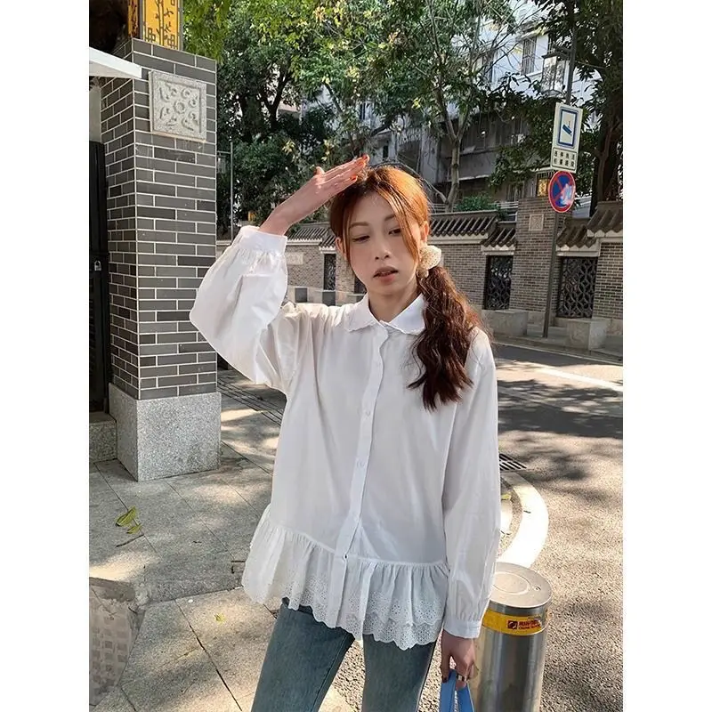 

Корейская новинка 2025, милая стильная кружевная рубашка в клетку с кукольным воротником, многослойная шлифовальная клетчатая рубашка, женский модный топ