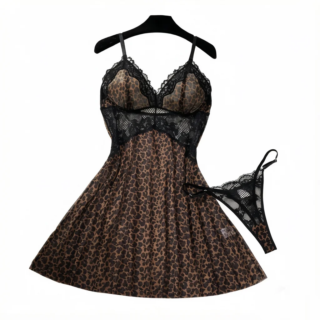 Women Leopard Print Lace Lingerie Nightgown Set Sheer Mesh Slip Dress With Thong Intimate Sleepwear ZA825233