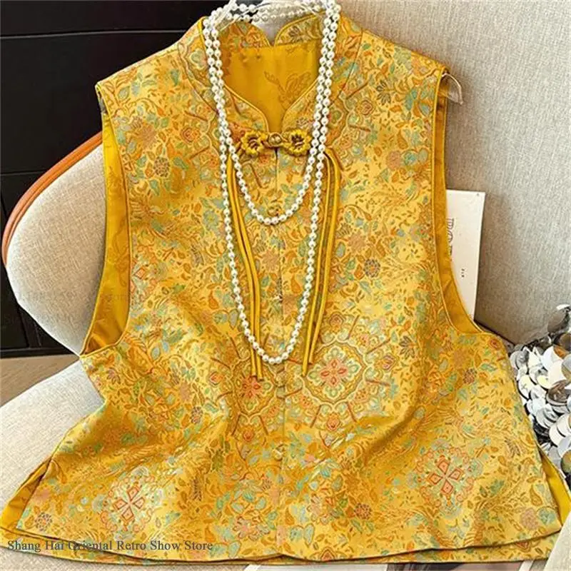 

Новый женский жилет в китайском стиле Ципао, золотой жаккардовый топ в стиле Тан, безрукавка, ретро-жакет из шелкового атласа, жилет-ханьфу, верхняя одежда