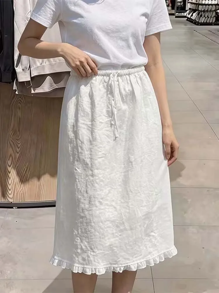 Elastic Waist White Cotton Midi Skirt Women Spring Summer Ruffle Simple Basic Casual Elegant Skirts A Line All Match Buttom
