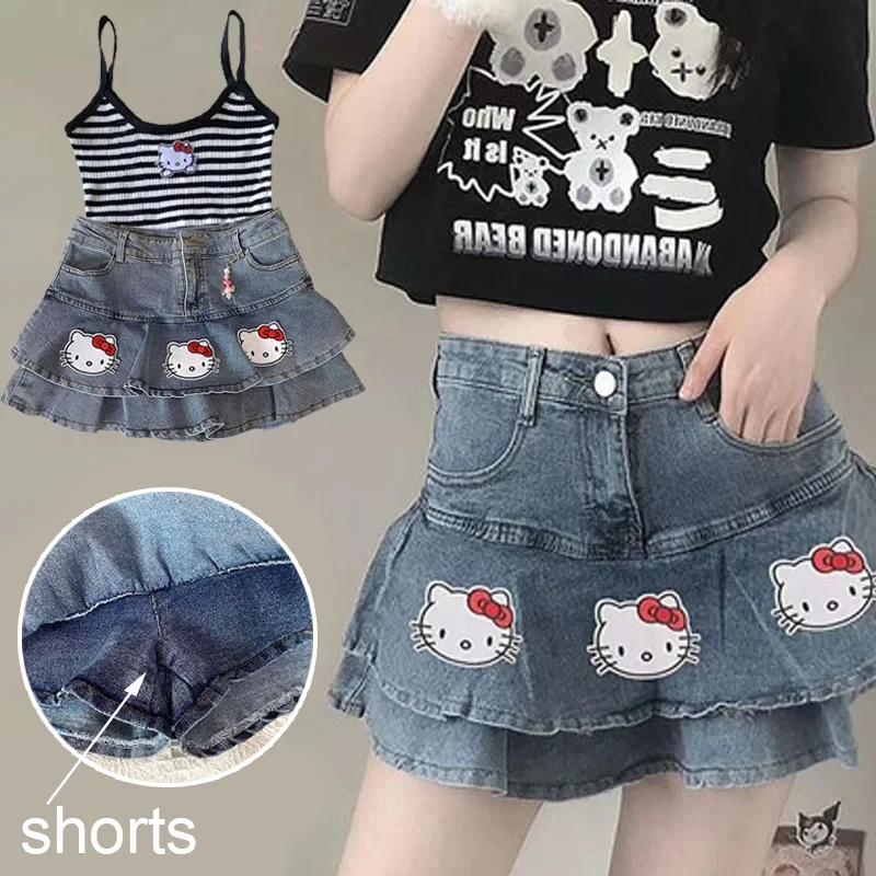 

Sanrio Hello Kitty Юбки с героями мультфильмов Аниме Мини-юбки для девочек Сексуальные джинсовые шорты Юбка Летние женские юбки с высокой талией Повседневная одежда