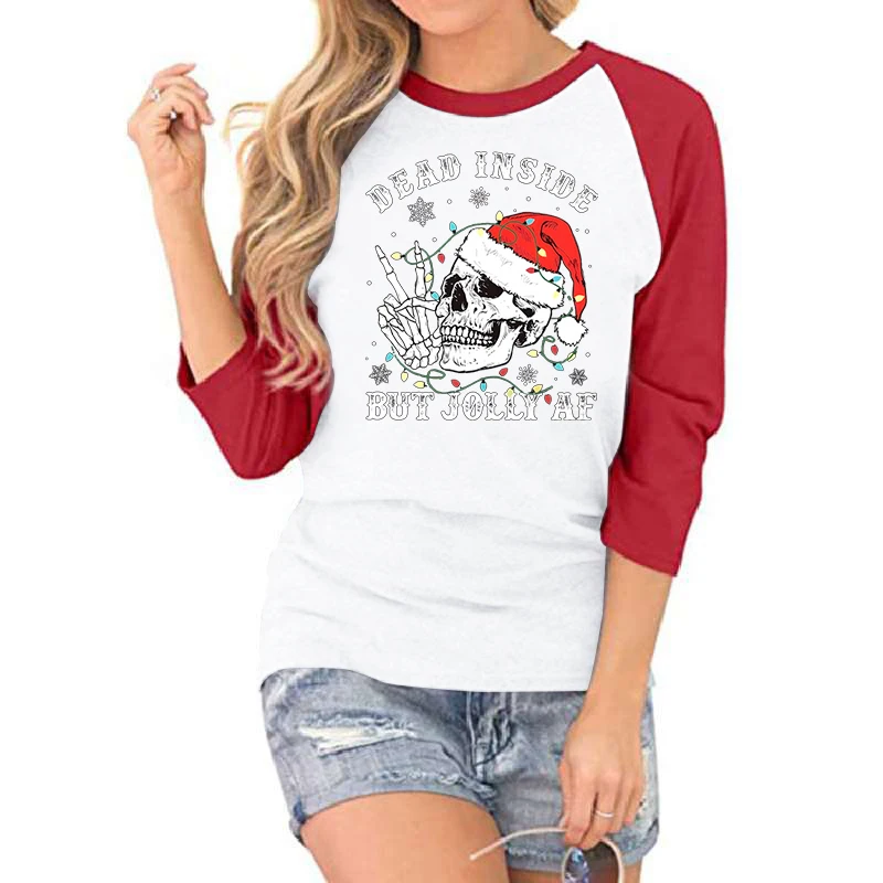 Christmas Skull Lights Print Three Quarter Sleeves T-shirt Womens Merry Christmas Skeleton Funny Quotes Seven Sleeves T-shirts