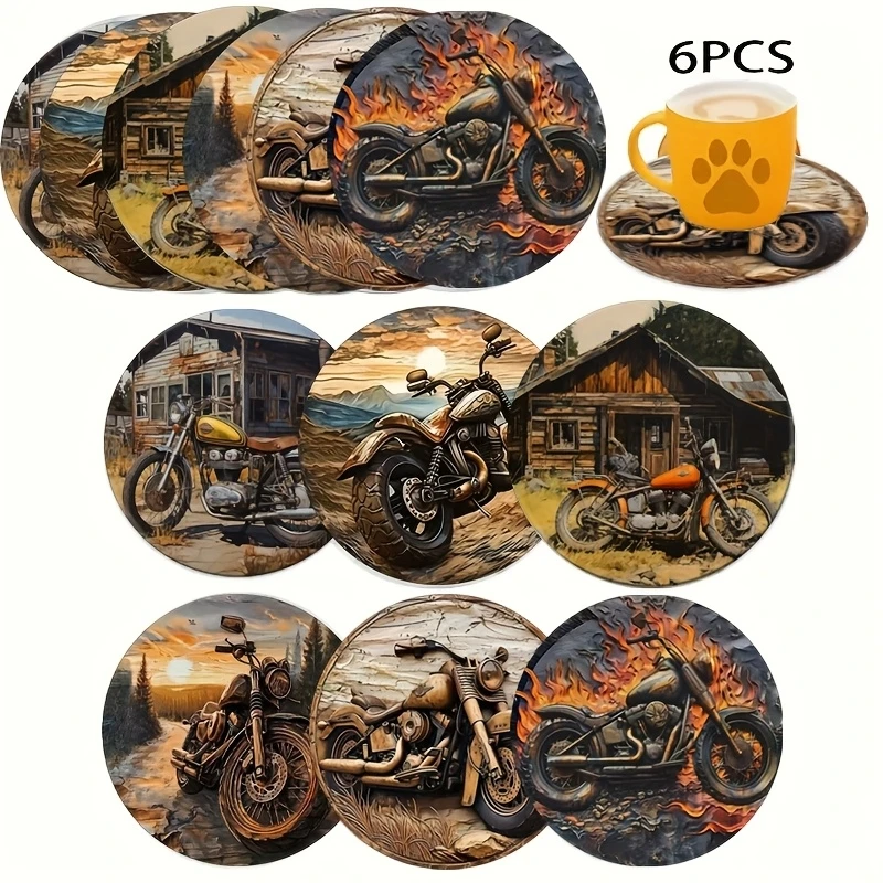 6pcs wooden motorcycle coaster Home office cafe decoration with heat-resistant protective mat for motorcycle lovers ideal gift