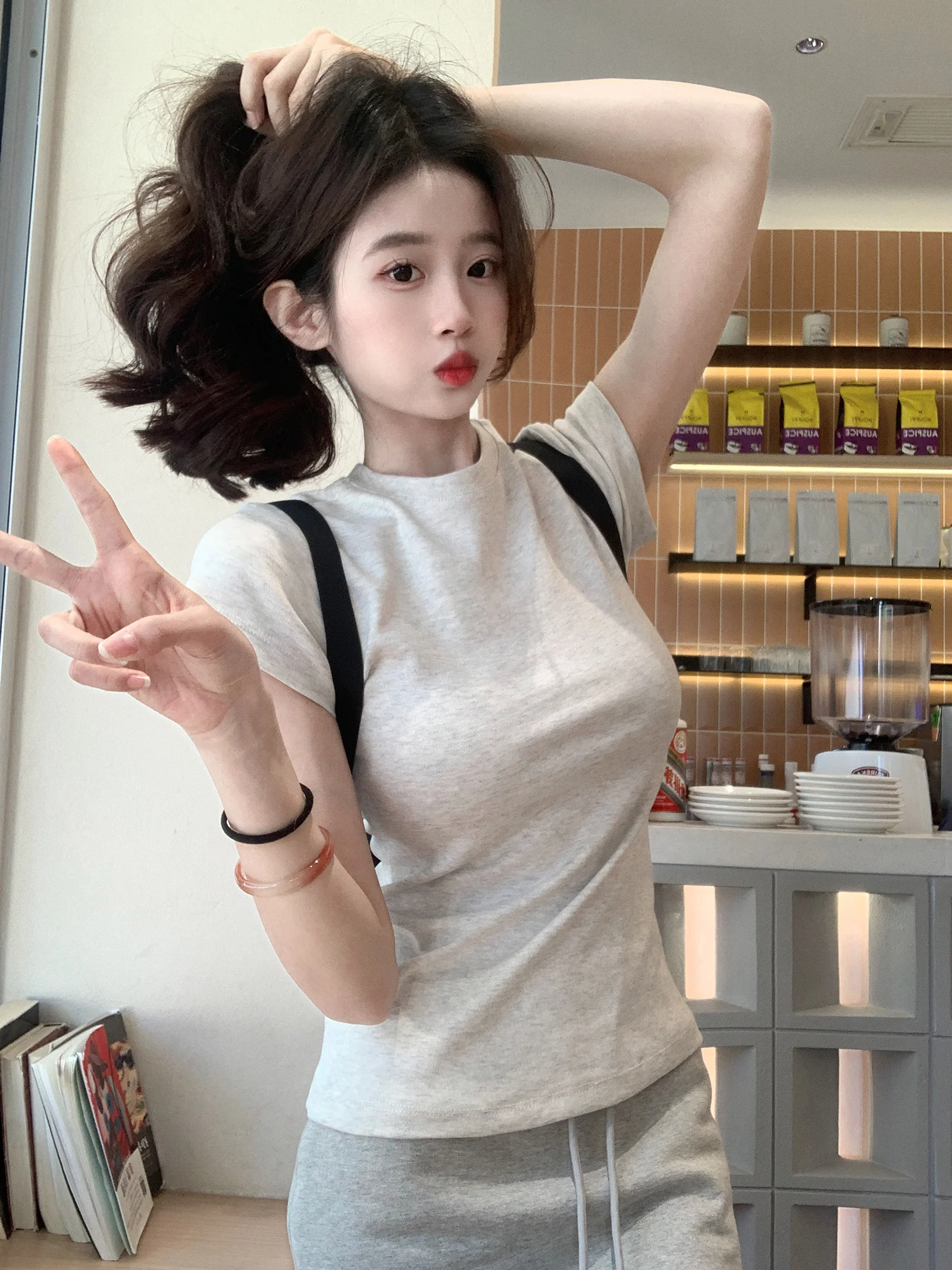 Short Sleeve T-shirt 2024 Slim Drop Sleeve Round Neck Solid Color Korean Women's Top