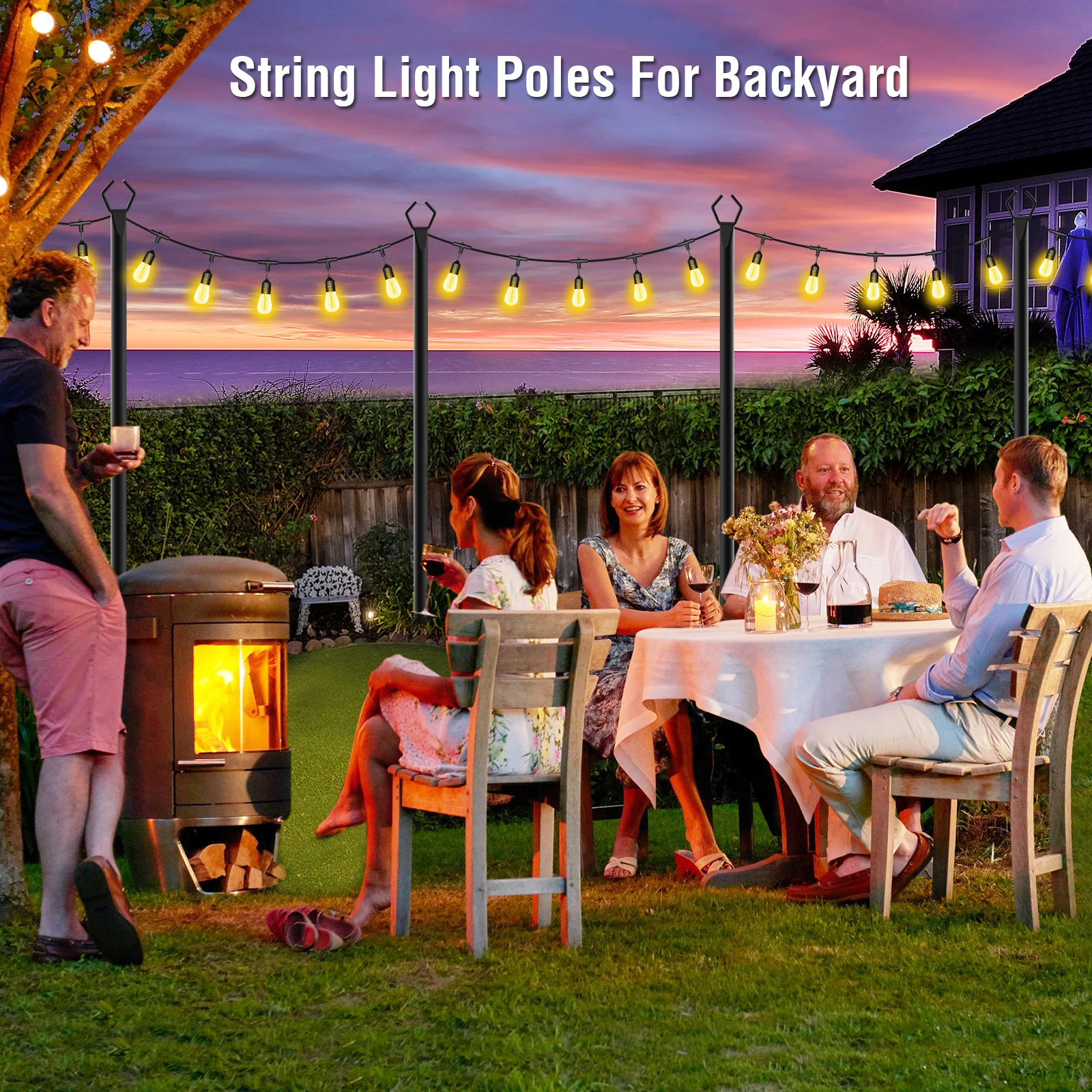 11.1Ft Outdoor String Light Poles 2 Pack Metal Stand with Fence Brackets Heavy Duty Hanging Light Pole for Deck Patio Backyard Garden Wedding Party Festoon Globe String Lights Support Pole