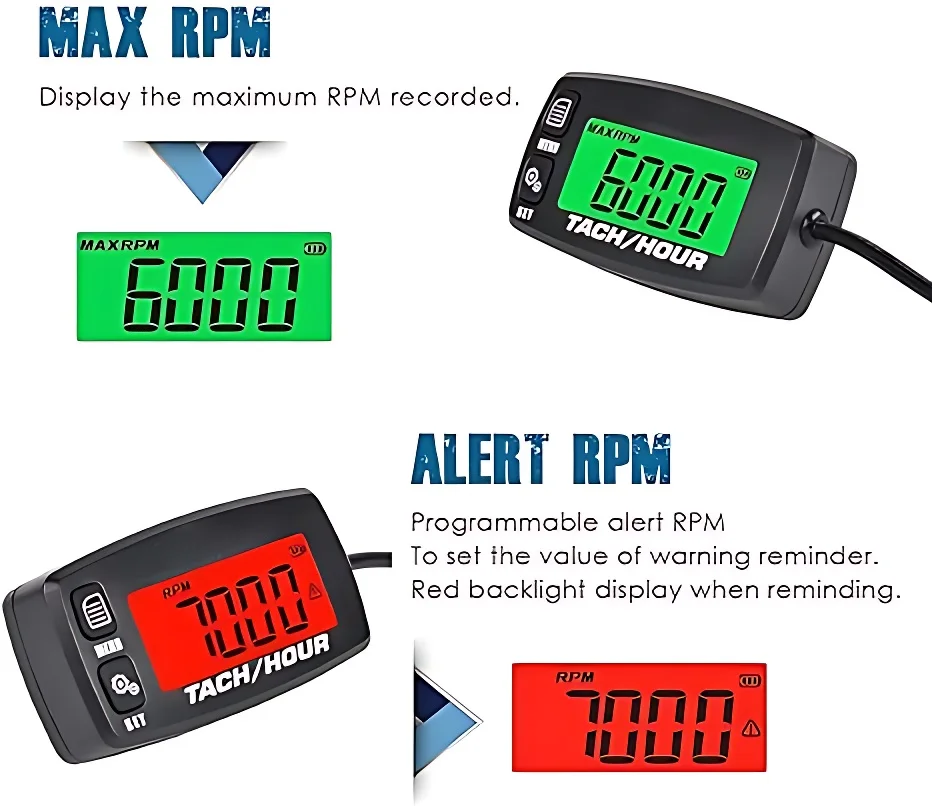 Tach Hour Meter Motorcycle Meter Digital Tachometer Engine Resettable Maintenace Alert RPM Counter for Chainsaws Boats ATV